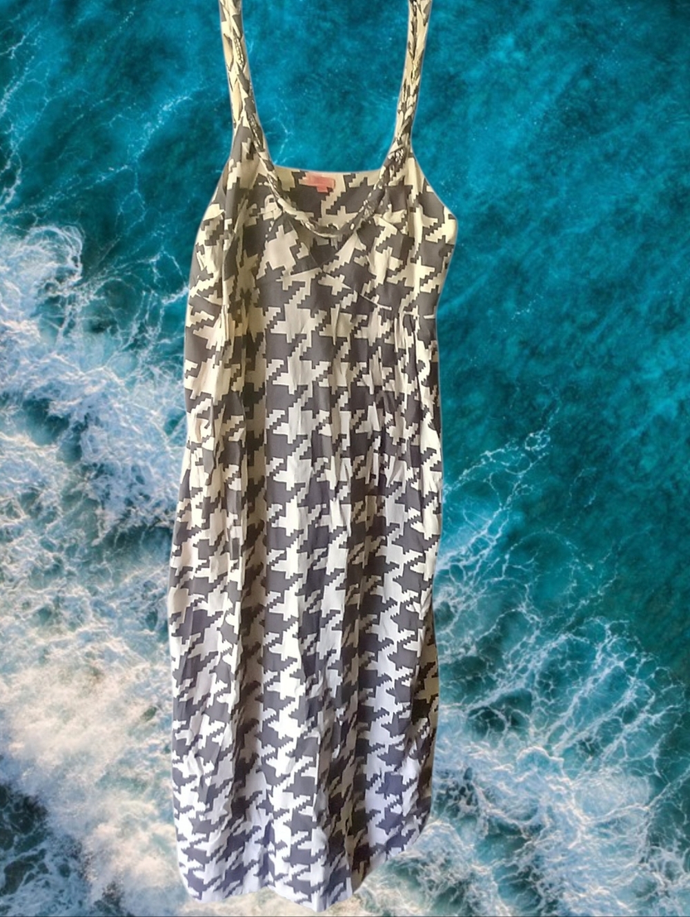 Chan Luu Brrown & Beige Houndstooth Beaded Neckline Dress